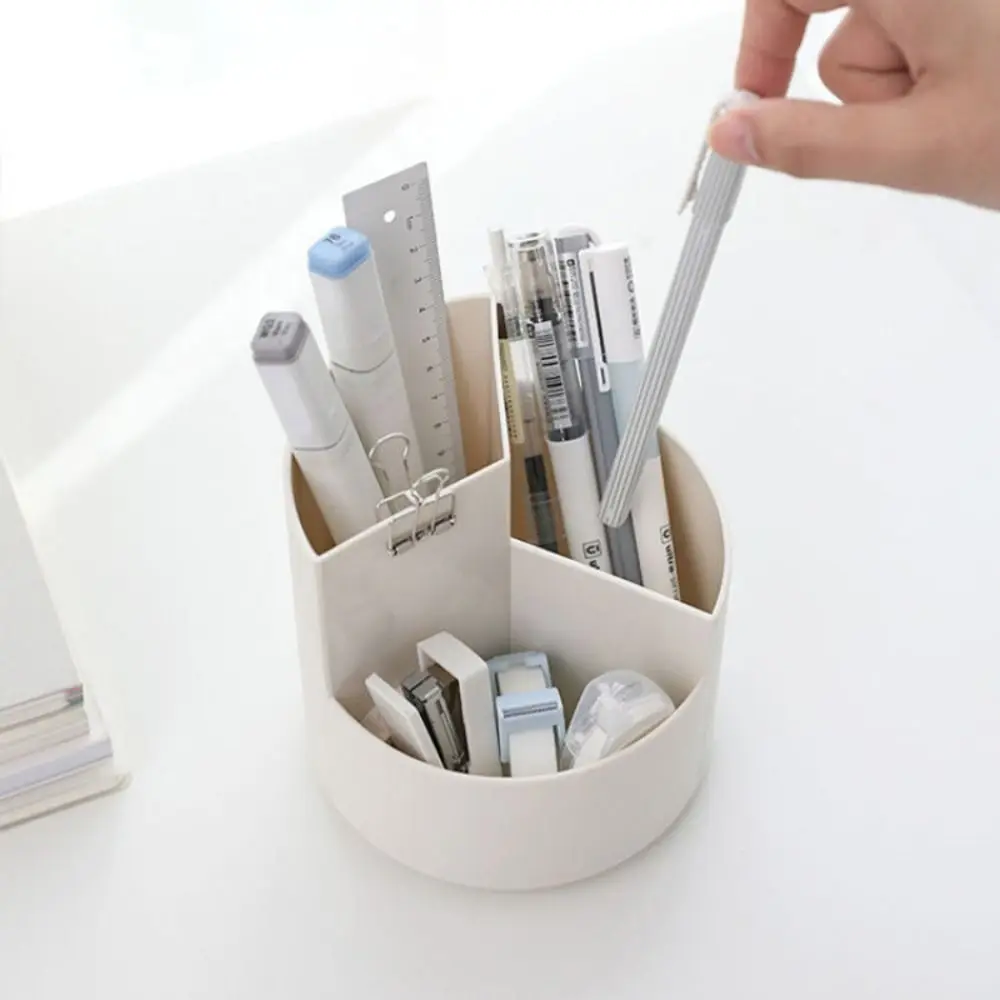 

Stationery Organizer 360° Rotating Pen Holder 3-Grid Dust-proof Pen Pencil Organizer Storage Box Multifunctional