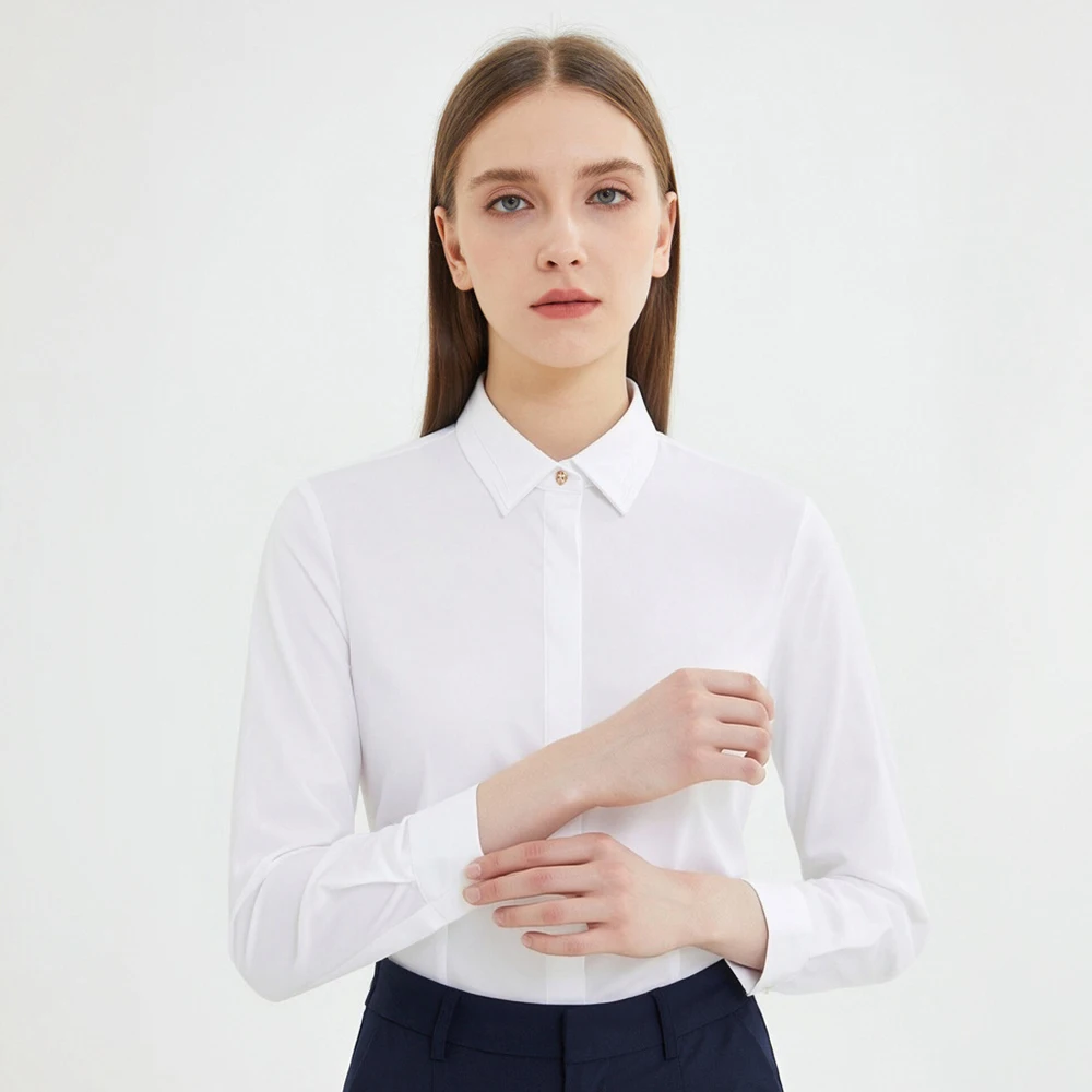 Camisa de vestir blanca de manga larga para mujer, sin bolsillo, con botones cubiertos, corte ajustado, blusa elástica, camisa para mujer