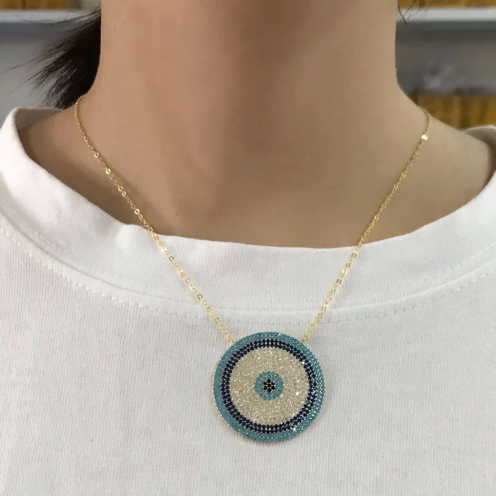 factory gold color delicate round cz Necklace turquoises stone paved turkish evil eye round charm for women lucky necklace