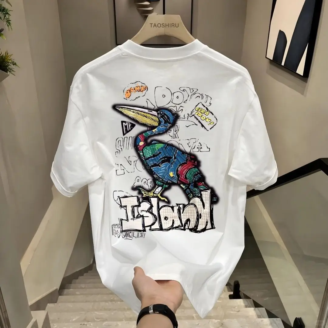 Summer 2026 Doodle Pelican Design Printed Men's Fashion Loose T-shirt Plus Size Hip Hop Short Sleeve Tee Shirt for Fat Guys Tops