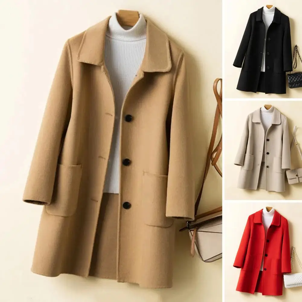 Lapel Winter Coat Stylish Women\'s Mid-length Winter Coat with Single-breasted Closure Warm Thick Fabric for Cold-resistant