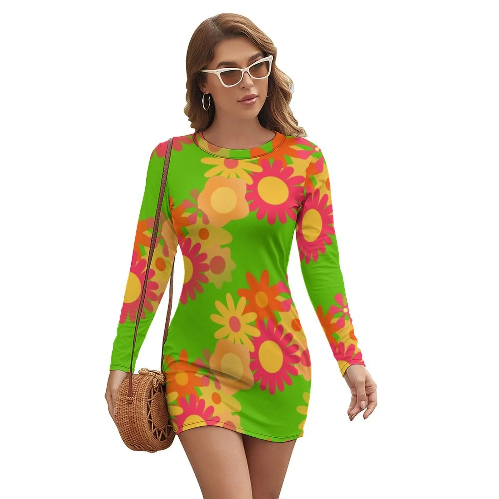 

1960s vintage groovy mod floral Long-sleeved Dress dresses with long sleeves women clothing 2024 new arrivals