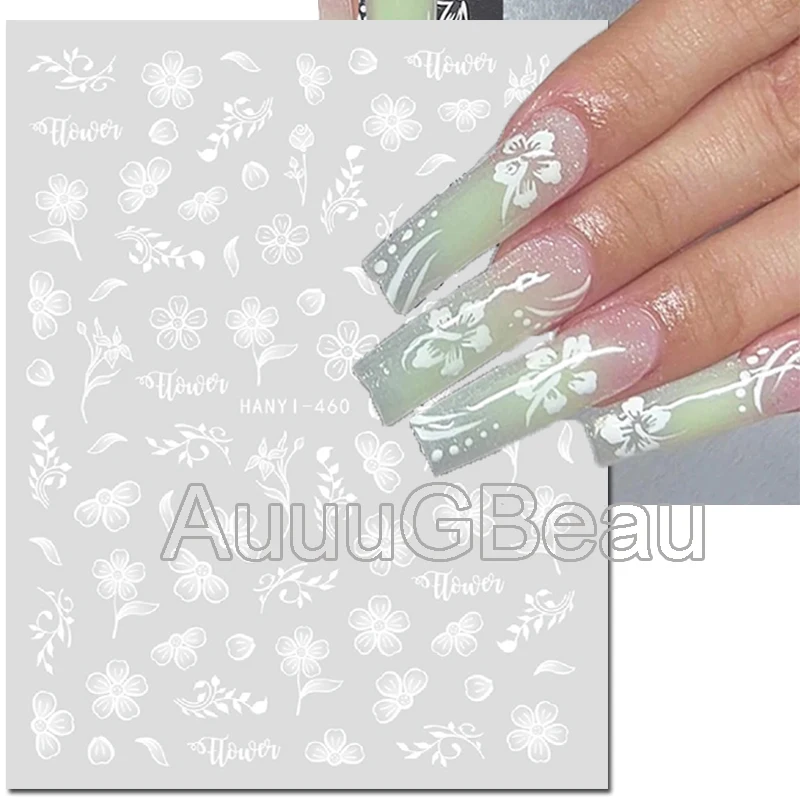 3d Nail Art Decals Elegant White Lotus Flowers Leaves Adhesive Sliders Nail Stickers Decoration For Nail Tips Manicure