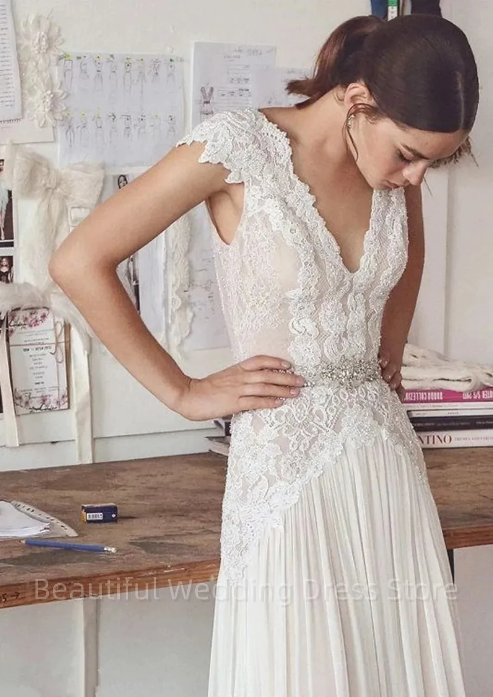 Robe de mariée classique style bohème, jupe plissée à dos ouvert avec mancherons, élégante ligne A, pour les patients