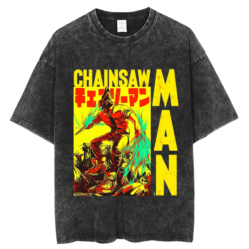 Vintage Washed Tshirts chainsaw man Anime T Shirt Harajuku Oversize Tee Cotton fashion Streetwear unisex top