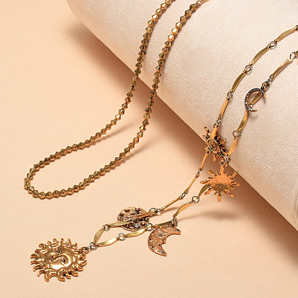 

Vintage High Quality Double Chains Necklace For Women Metal Gold Color Sun Moon Penndant Jewelry Wholesale
