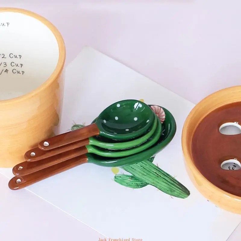 Ceramic Cactus Measuring Spoons with Holder Set Baking Measuring Spoons for Home Kitchen Cooking Baking Sugar Salt Add Scoops