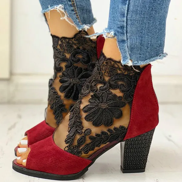 2022 New Fashion Women\'s Summer Sandals Casual Elegant Middle Heel Women\'s Shoes High Heels Mesh Lace High Heels Large Size 42