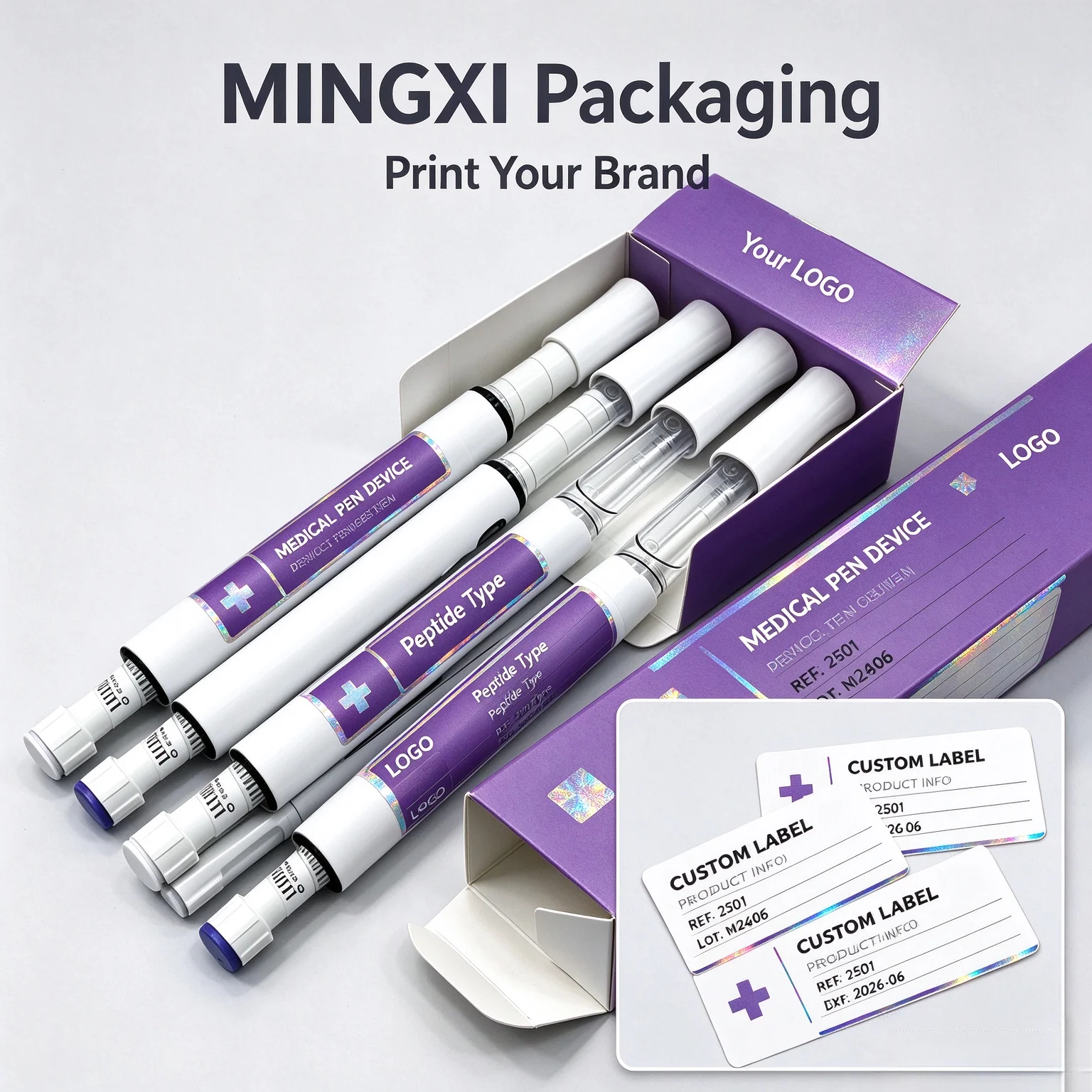 Custom Injectable Pen Label Stickers Waterproof Vinyl Peptide Labels Matching Boxes Free Design Custom Logo Packaging