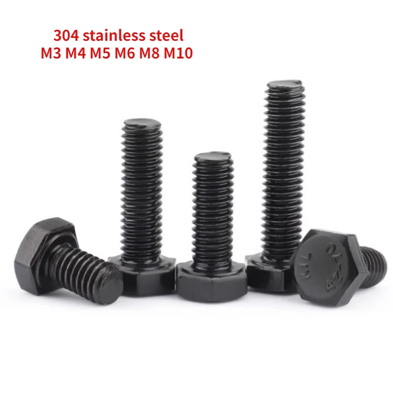 10/40/60/100PCS M3 M4 M5 M6 M8 M10 Black 304 Stainless Steel External Hexagonal Screw Full Tooth Extended Bolt