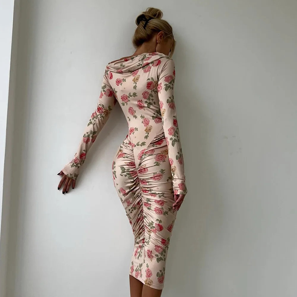 Dresses 2025 For Woman Slim Vestidos Off Shoulder Printed Evening Elegant Dress Party Holiday Vintage Temperament Trendy Fashion