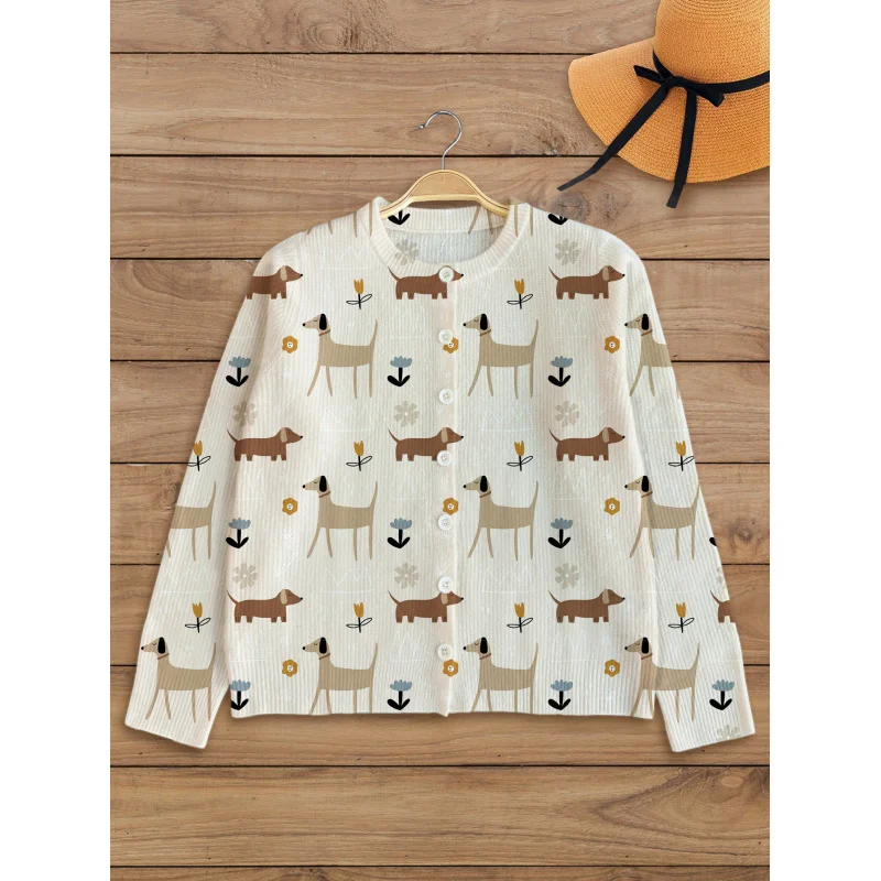 

Женский свитер с цветочным принтом щенка в консервативном стиле, вязаный кардиган, утолщенный свободный кардиган с круглым вырезом и длинными рукавами на пуговицах, осень-зима, на открытом воздухе