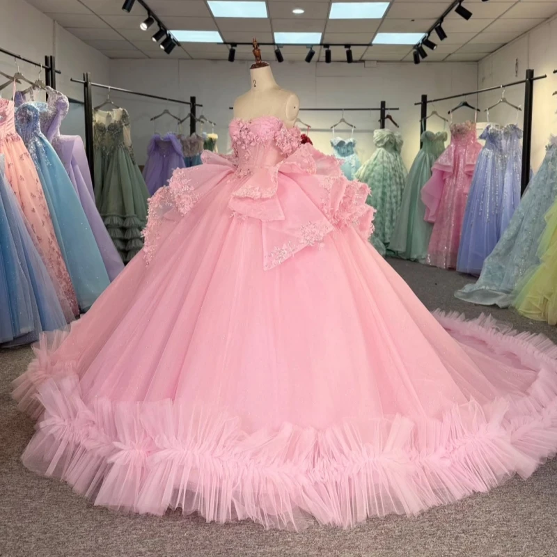 

Pink Quinceanera Dresses Off The Shoulder Applique Flower Tiered Tull Party Birthday Ball Gown Vestidos De 15 Anos Sweet 16 Dres