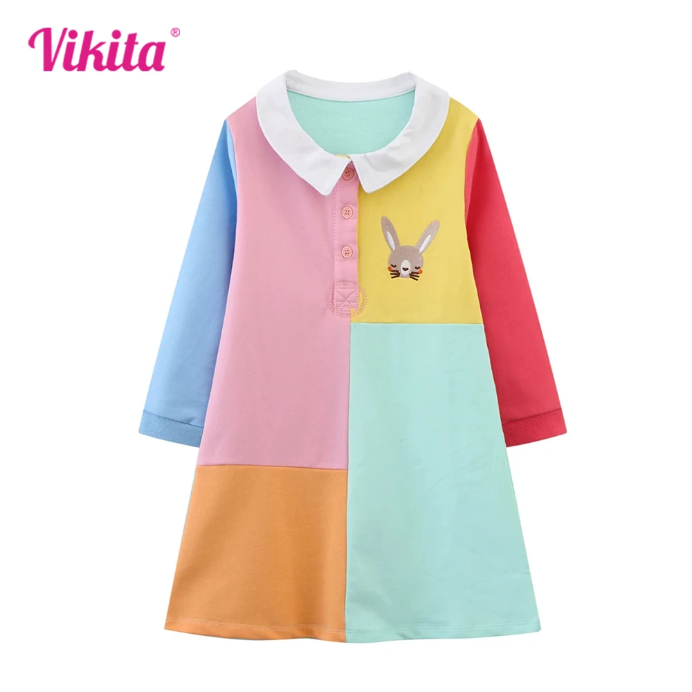 

VIKITA 2025 New Girls Collar Casual Dress Kids Patchwork Straight Cotton Vestidos Girls School Daily Fashion Dress Kids Costumes