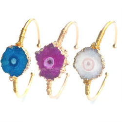 Natural Druzy Agate Bangle Boho Raw Stone Handmade Wire Wrapped Sunflower Shaped Cuff Bracelets for Women Girls