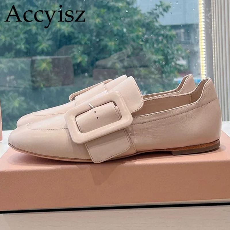 

Spring Genuine Leather All Match Flat Shoes Women's Square Buckle Single Shoes Round Toe Solid Color Shallow Mouth Lazy Loafers