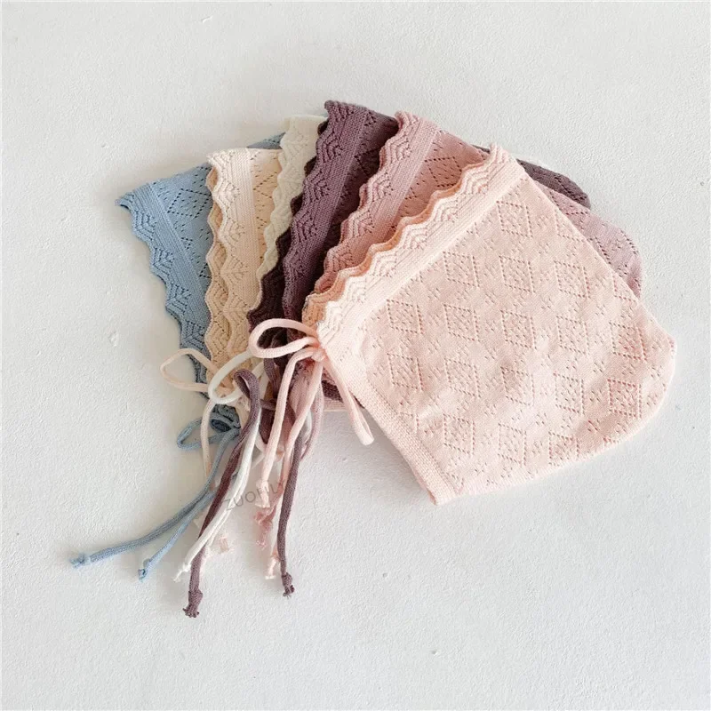 Gorros de algodón para niña, gorros para recién nacido de Color sólido, gorro tejido para niño pequeño de 0 a 24 meses con flores de encaje, pañuelo para niño