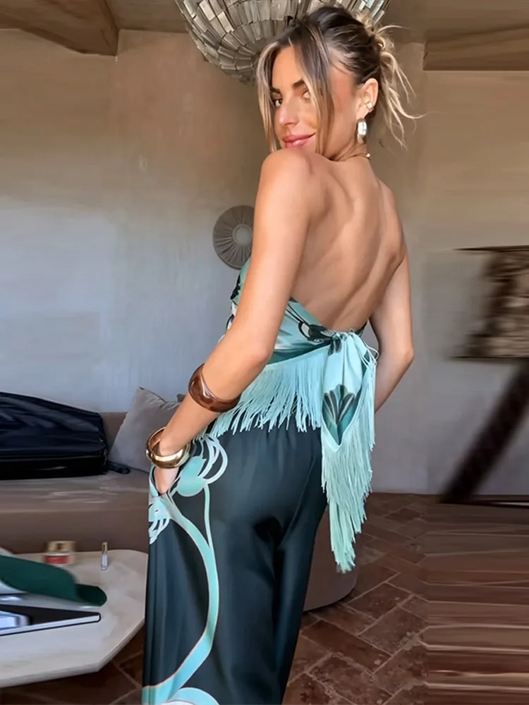 Bedruckte Quasten-Schnür-Oberteile und Hosen-Sets für Damen, sexy, trägerlos, ärmellos, rückenfrei, unregelmäßiger Saum, Oberteile, weite Hosen, schicke Outfits – Detail 7