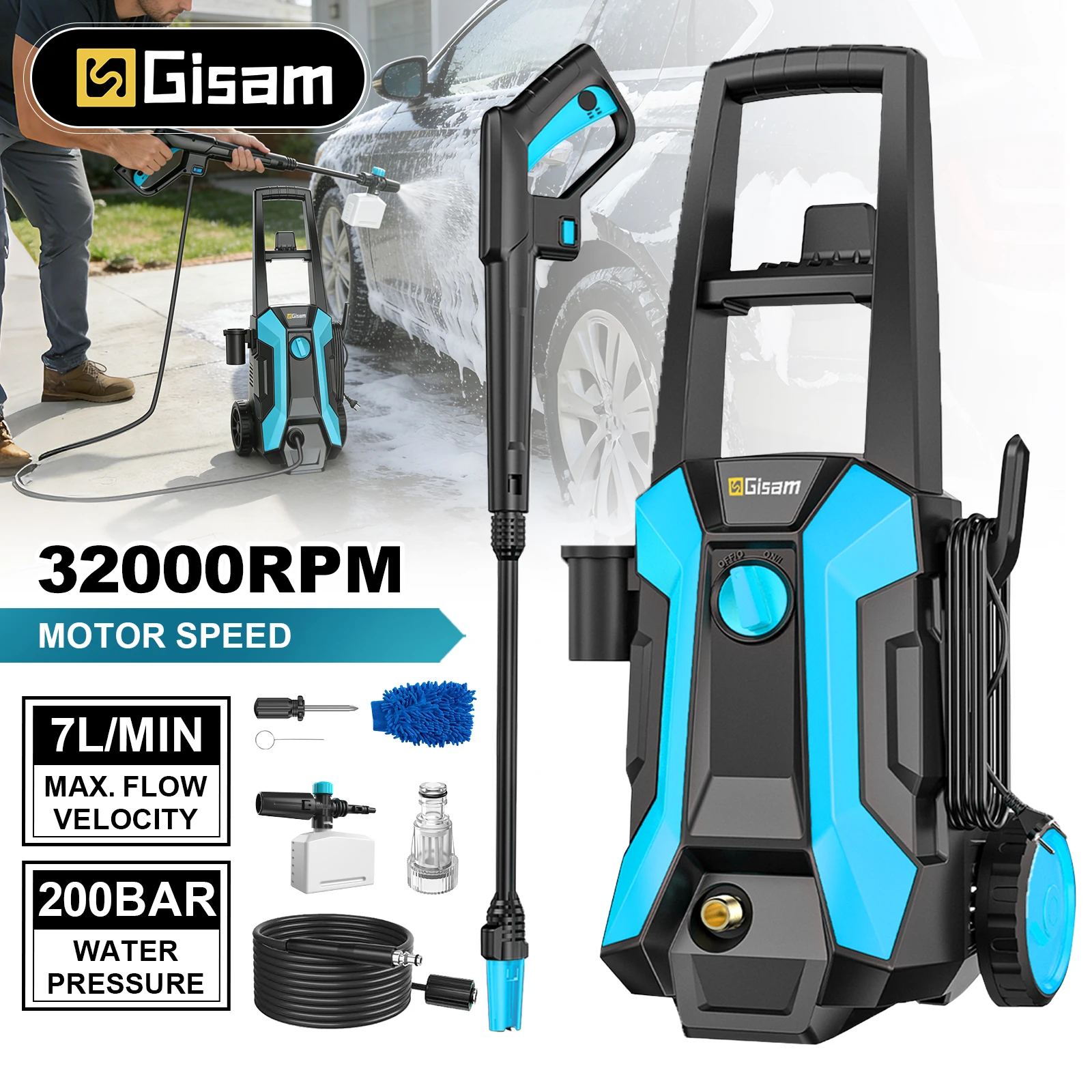Gisam 2200W 200Bar Electric High Pressure Washer Car Washer Gun Garden Washing Water Wash Spray Gun 180° Adjustable Nozzle