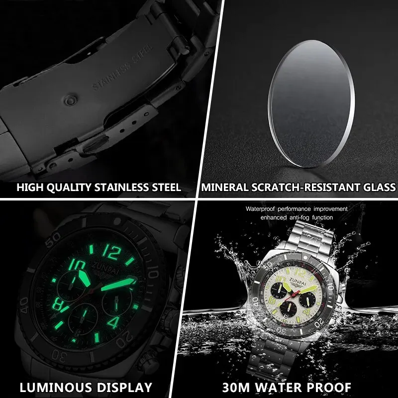 ZUNPAI Original Design Men\'s Watch Stainless Steel Top Brand Luxury Green Waterproof Sports Quartz Men\'s Relogio Masculino