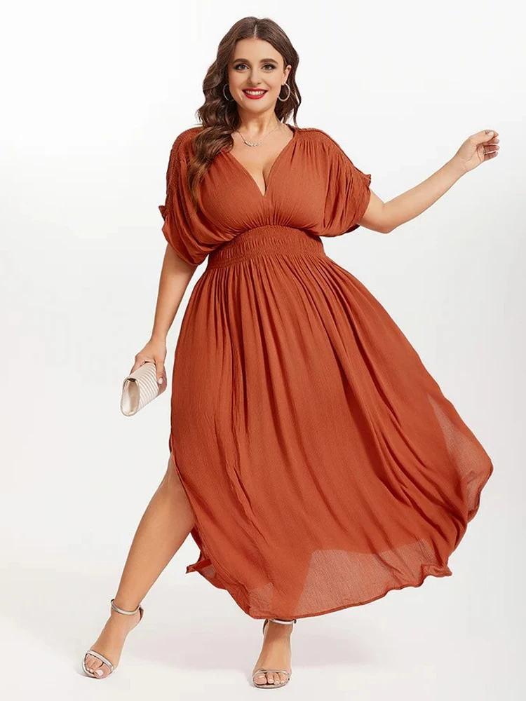 Plus size fashionable batwing sleeve dress, fashionable orange chiffon women's dress, solid color V-neck pleated long dress