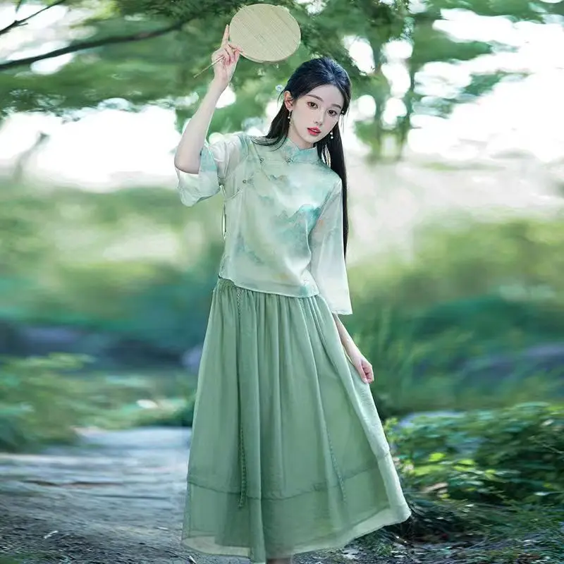 

New Chinese Style Retro Literary Half Skirt Tang Suit Two-Piece Set With Improved Chinese Style Zen Tea Suit Daily Women's Set