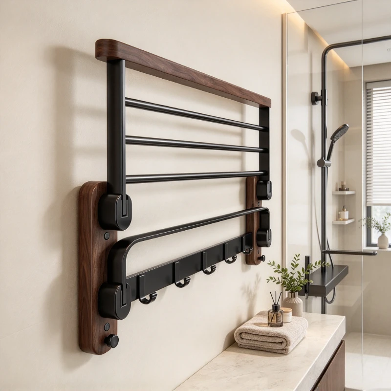 Walnut Wood Towel Rack, Wall Mounted Bathroom Organizer Shelf with Waterproof Natural Wood Design for Towel Storage