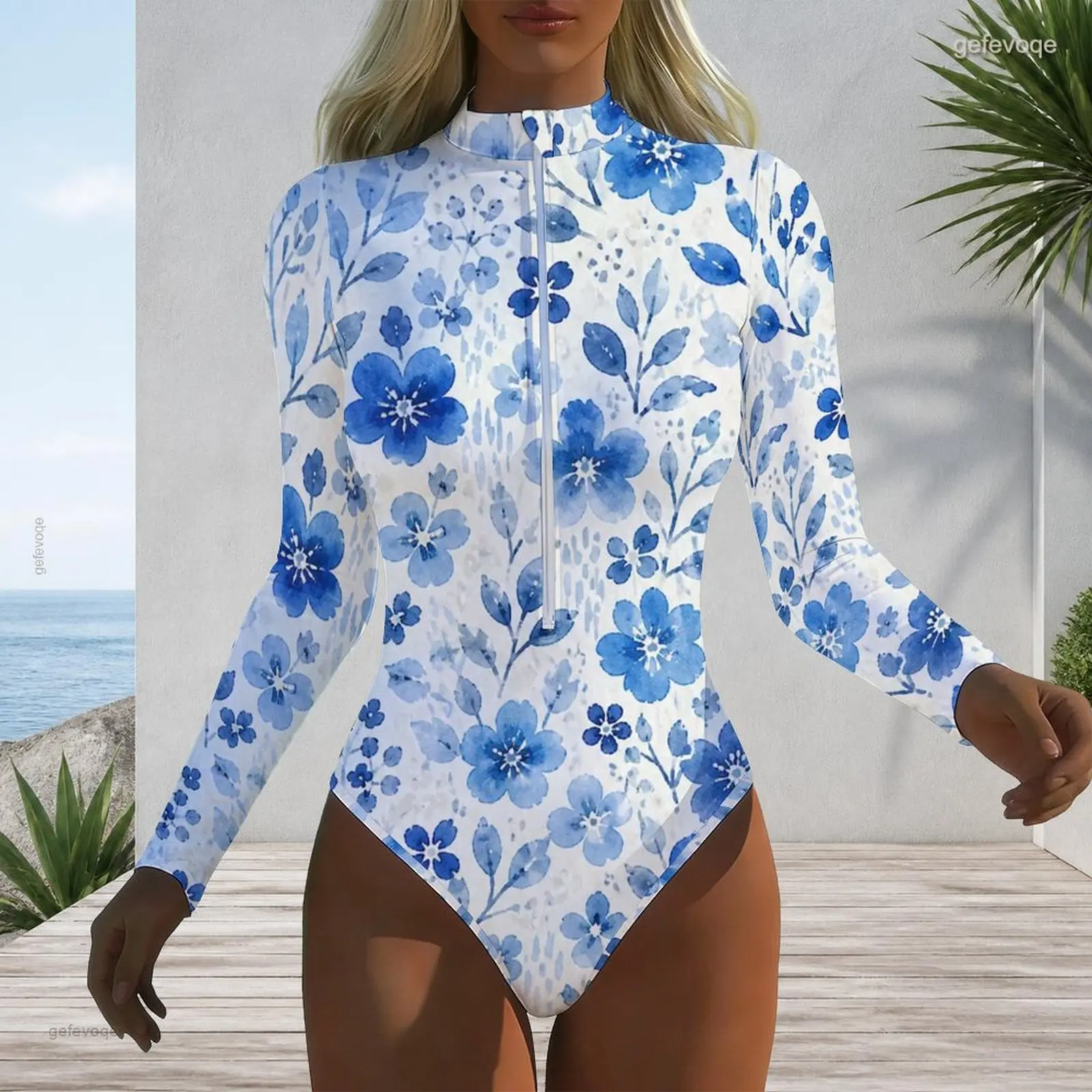 Women High Neck Front Zip Long Sleeve One Piece Printed Swimsuit