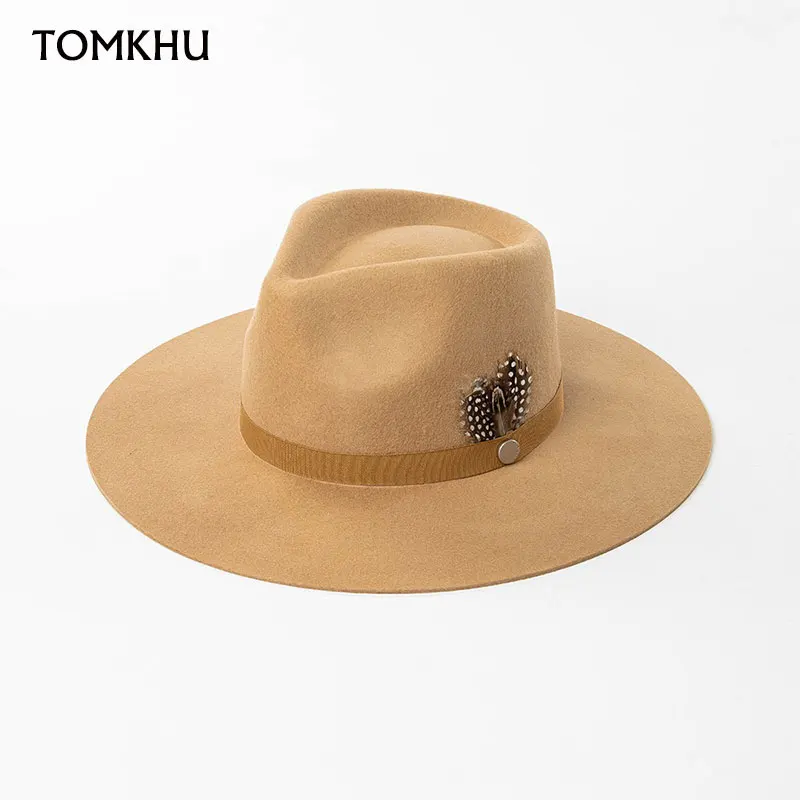 

Европейская и американская модная панама-джазовая шляпа, женская высококачественная синяя шерстяная шляпа Fedora с украшением из перьев, ковбойская фетровая шляпа с широкими полями