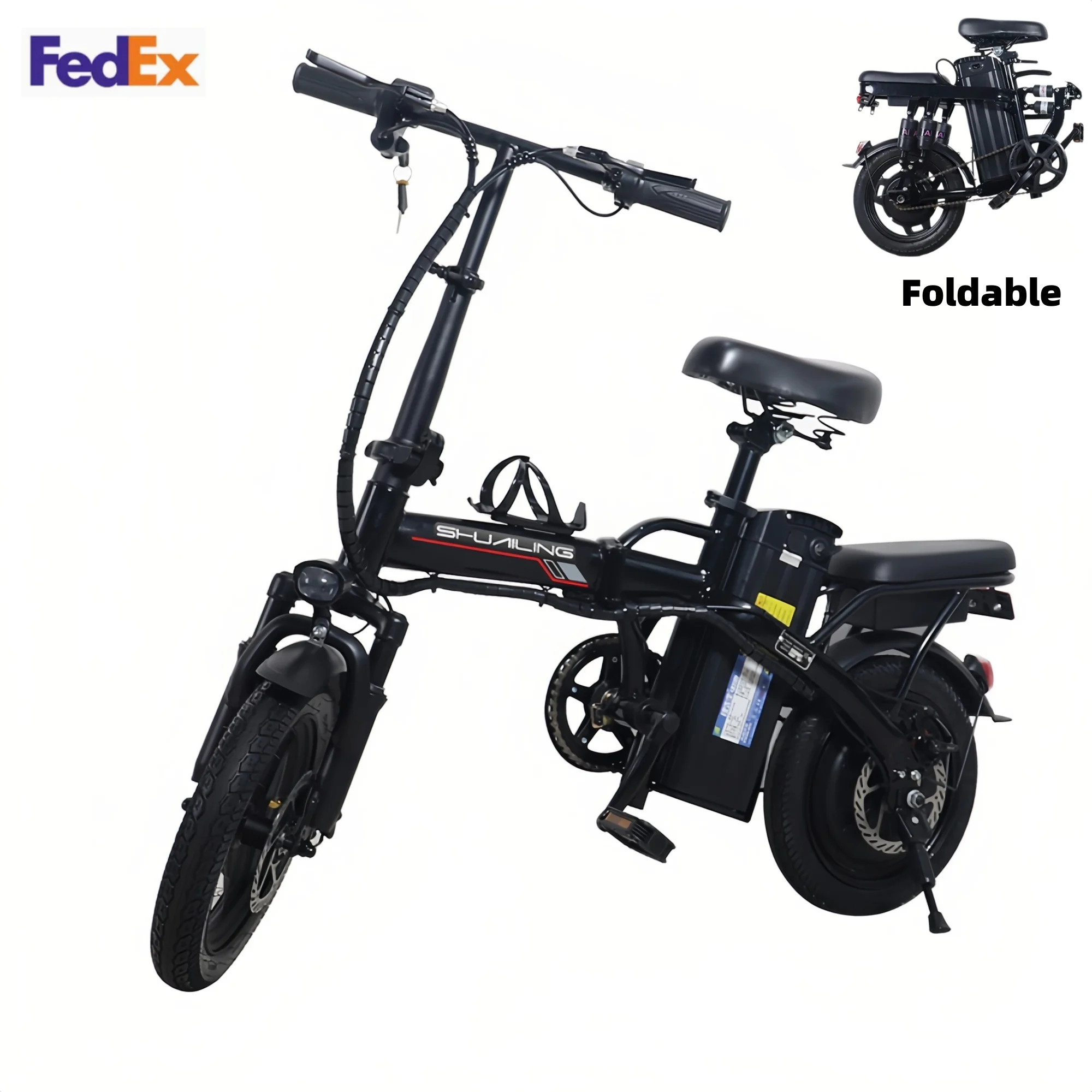 

Foldable electric bicycle for adults, equipped with 14-inch tires, featuring 8 shock absorbers, a 400W motor power, a 48V 15Ah c