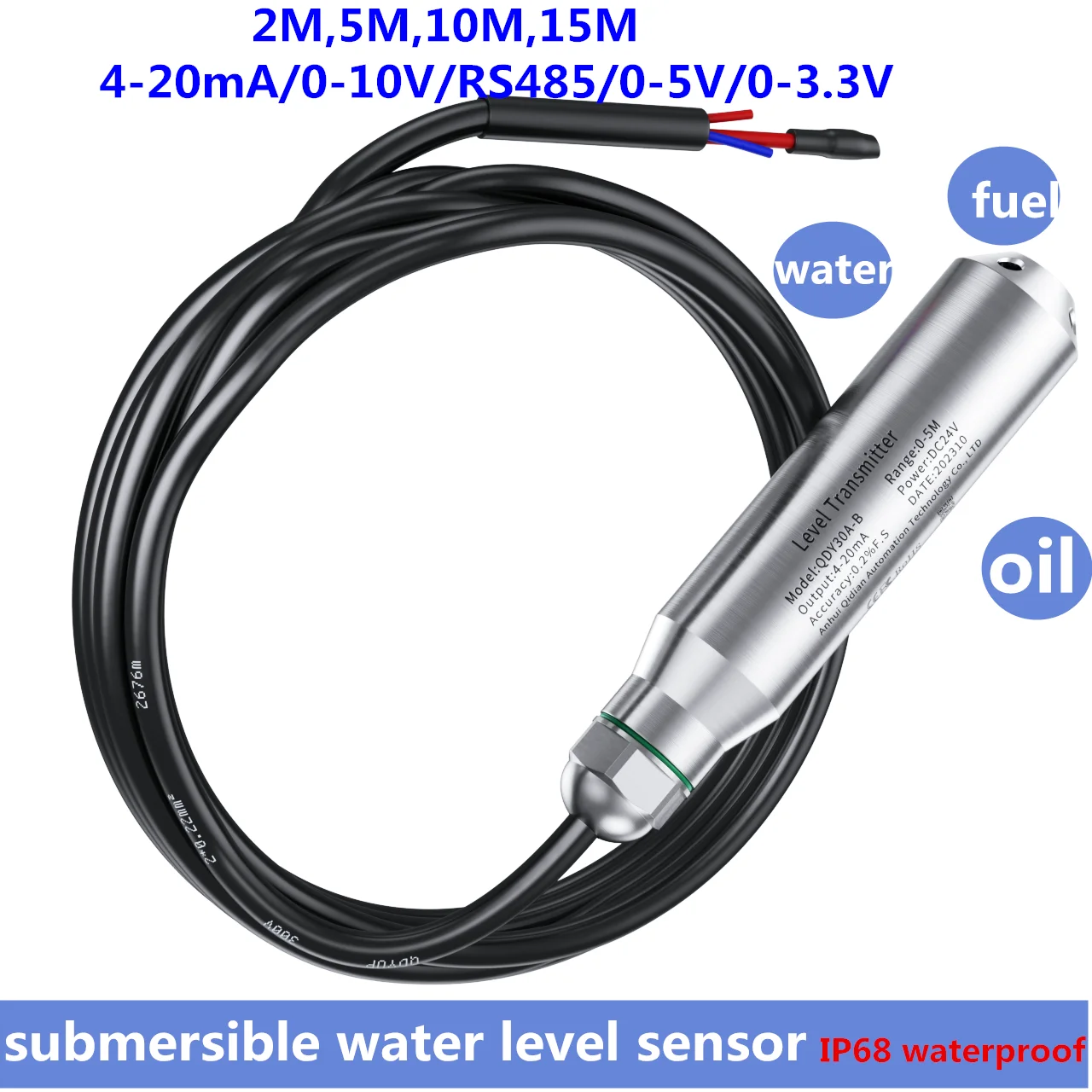 

Submersible Level Transmitter DC24V Water Level Sensor 4-20mA 0-3.3V RS485 Liquid Level Transducer for Tank Well