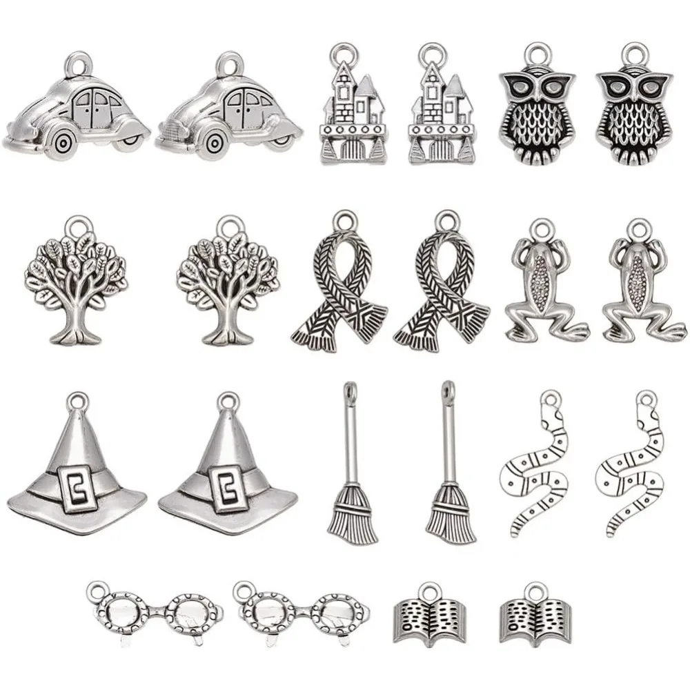 88Pcs 11 Styles Magic Themed Charms Witch Charm Bulk Halloween Silver Style Magical Witch Hat Owl Snake Broom Pendants