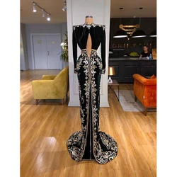 Formal Evening Dress Long Sleeve Appliques High Neck Chapel Train Velvet Special Party Gown Elegant Women Formal Occasion 2024