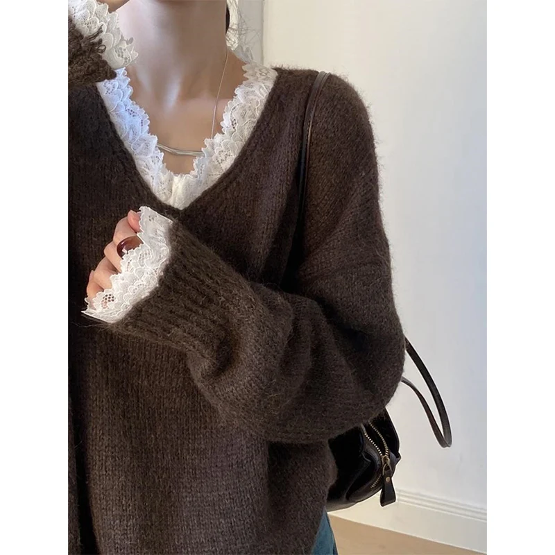 

Loose Knitted Sweater Autumn New Soft Warm Jumpers Tops Aesthetic V-Neck Long Pullover Sweater Women Harajuku Lace Patchwork