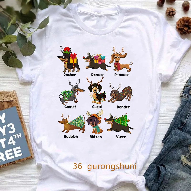 Women Christmas Dachshund Reindeer Print T Shirt Cute Cartoon Dog Graphic Short Sleeve Round Neck Casual Holiday Tees