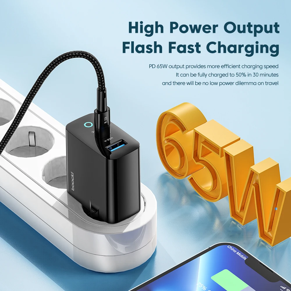 Toocki PD 65W GaN Charger USB Type C Korea Korea Plug Quick Charge Power Adapter for MacBook iPad Laptop iPhone 14 13 12 Pro Max