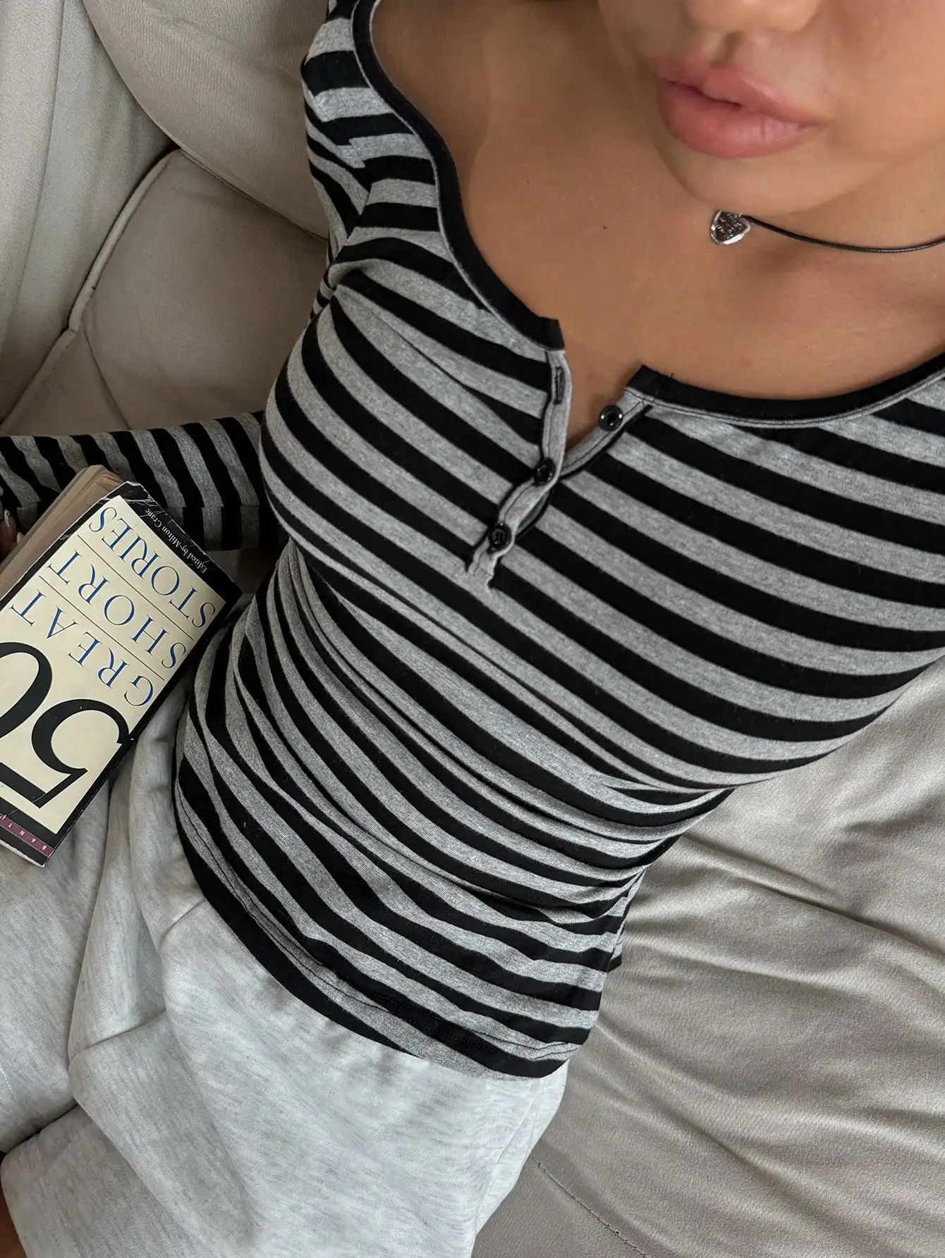 

Women's Cotton Blend Black Grey Striped Half-Zip Henley T-Shirt, Casual Fit for Everyday Wear