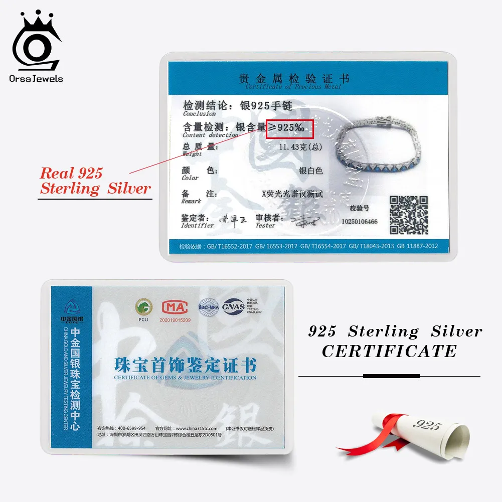 ORSA جواهر 3 مللي متر 4 مللي متر الأصلي الأزرق والأبيض الزركون أساور التنس لامعة 8A تشيكوسلوفاكيا الماس 925 الشظية سوار هدية حفلة SB207