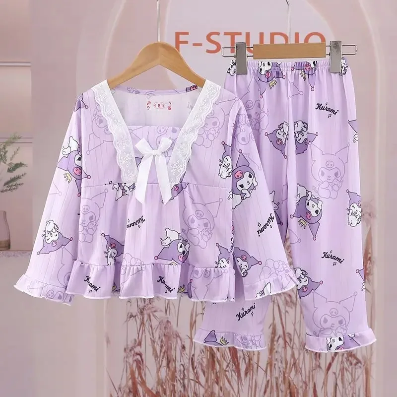 

Kawaii Sanrio Kuromi Long Sleeve Pajamas with Cartoon Patterns for Children Spring and Fall Princess Style Pajamas for Girls