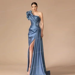 Elegant Blue Evening Dresses Woman's Sexy One Soulder Backless Mermaid Prom Growns Split Satin Party Fashionable Vestidos 2024