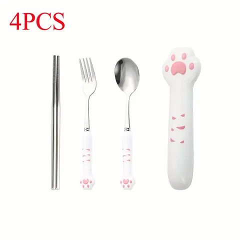 만화 고양이 발톱 스푼 포크 세트 - 어린이를 위한 휴대용 수저, 카와이 캠핑 주방 액세서리