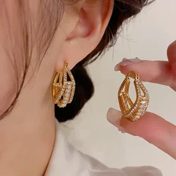 2023 South Korea new design fashion jewelry 14K gold plated square three-layer zircon earrings Luxury women's party accessories