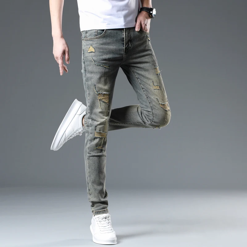 2025 ヴィンテージジーンズスキニー男性ユーズド加工デニムパンツパッチワークヒップホップリッピングジーンズ男性バイク全身ズボン