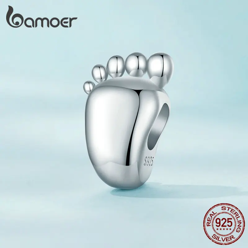 Bamoer 925 Sterling Silver Customizable Baby Footprint Bead for Women Birthday Mother's Day Gift Bracelet and Necklace DIY