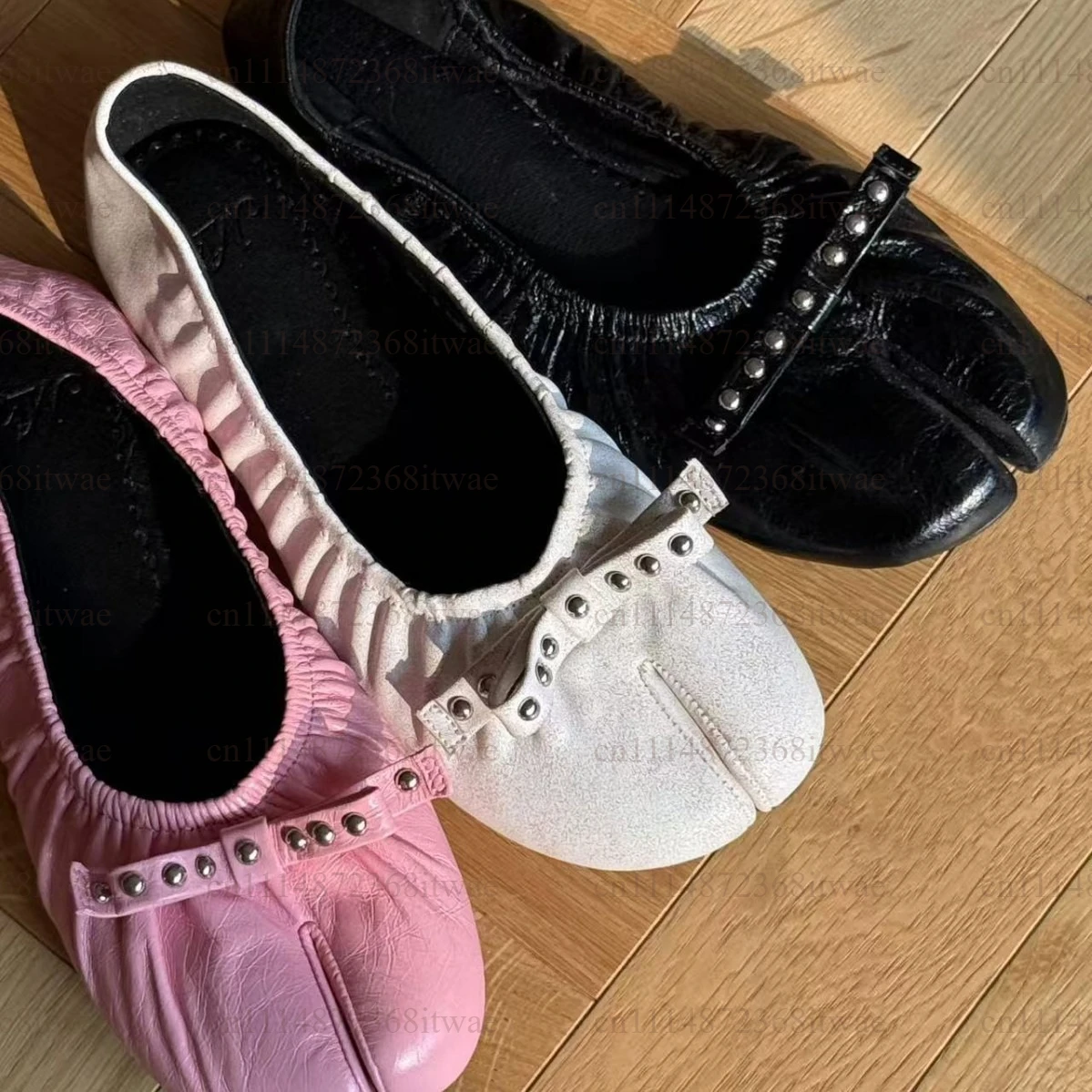 Women Split Toe Ballet Flats Ruched Soft Leather Shoes Rivet Bow Strap Foldable Slip‑On Vintage Casual Flat Shoes