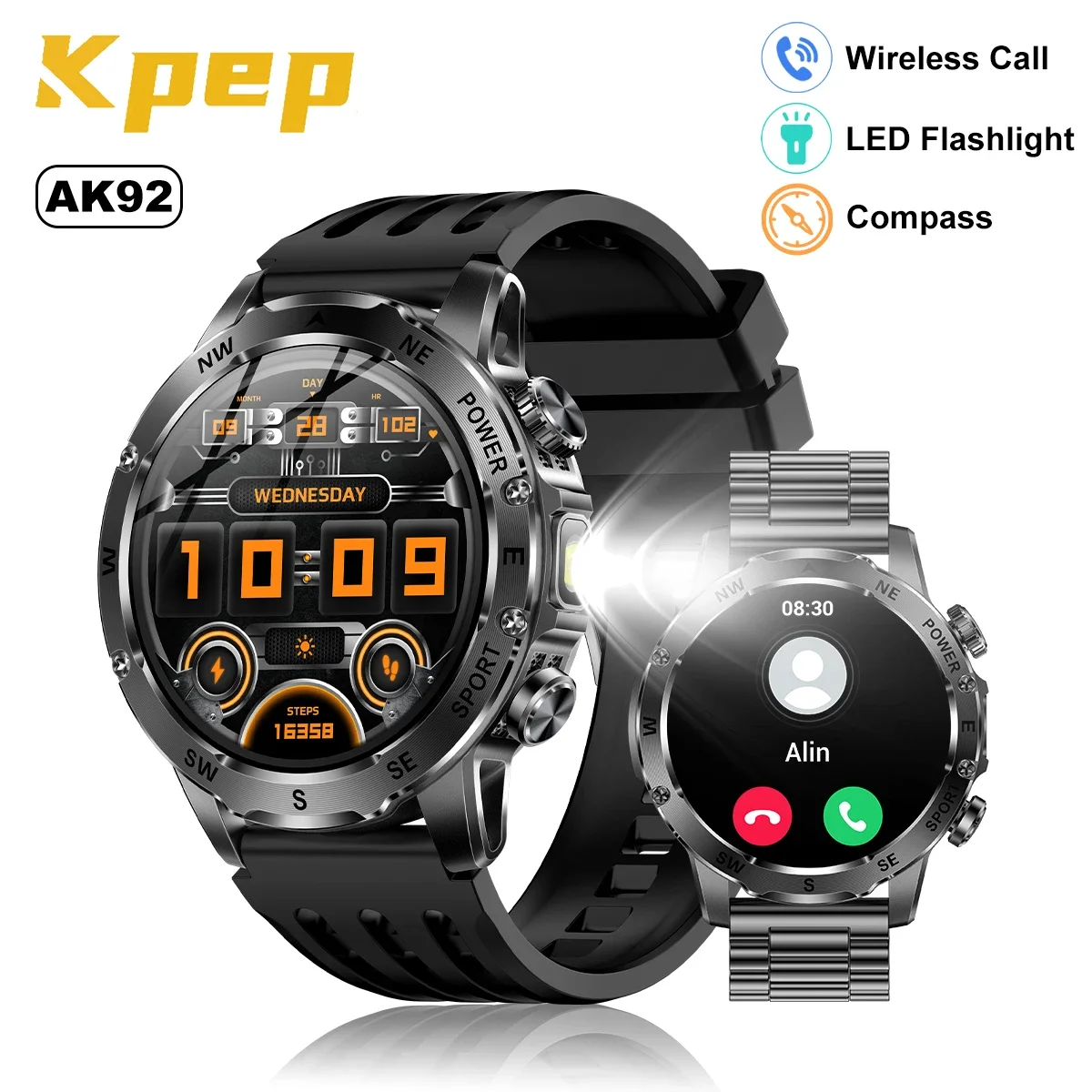 

KPEP мужские военные умные часы 800 мАч большой аккумулятор 1,53 "HD-дисплей светодиодный фонарик компас 100 режимов упражнений голосовой вызов