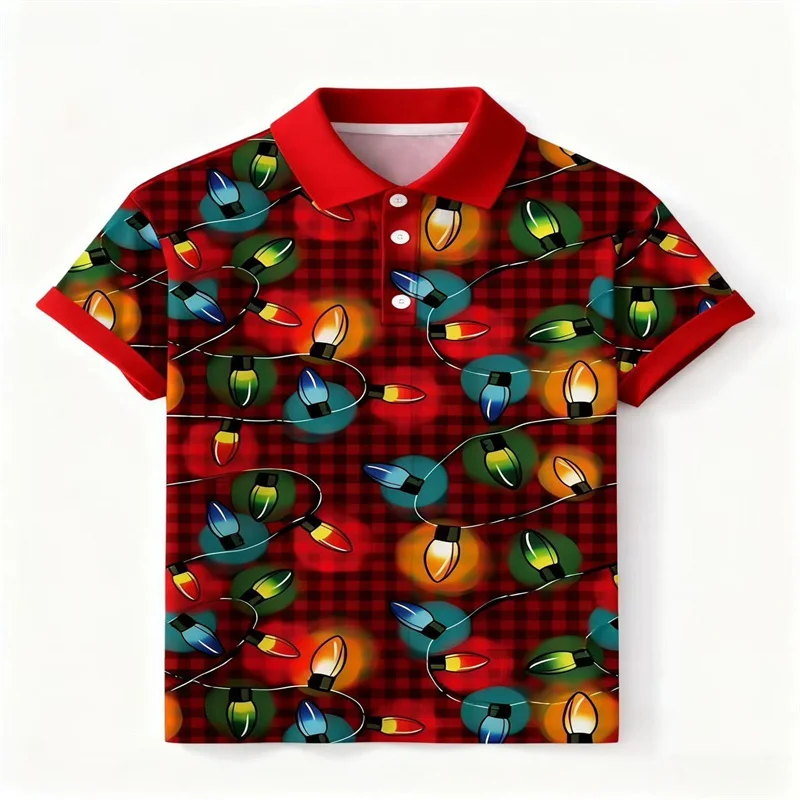 

2025 vintage red checkered background printed short sleeved shirt with colorful Christmas lights, fashionable and comfortable po