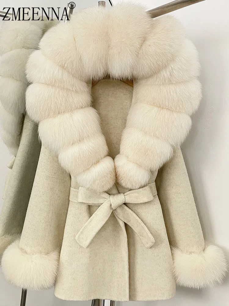 

ZMEENNA женское зимнее пальто цвета слоновой кости из смесовой шерсти с большим воротником из искусственного меха, манжетами, с капюшоном и поясом на талии, элегантная верхняя одежда ZM4723