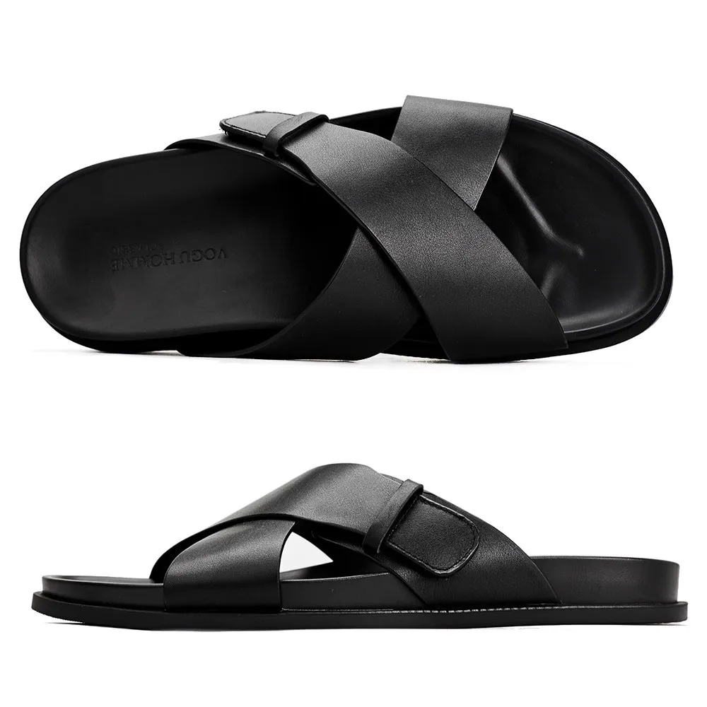 

Brand Man Slippers Genuine Leather Slides Basic Outdoor Beach Fashion Buckle Men's Sandals Luxury Designers Casual Shoes For Man