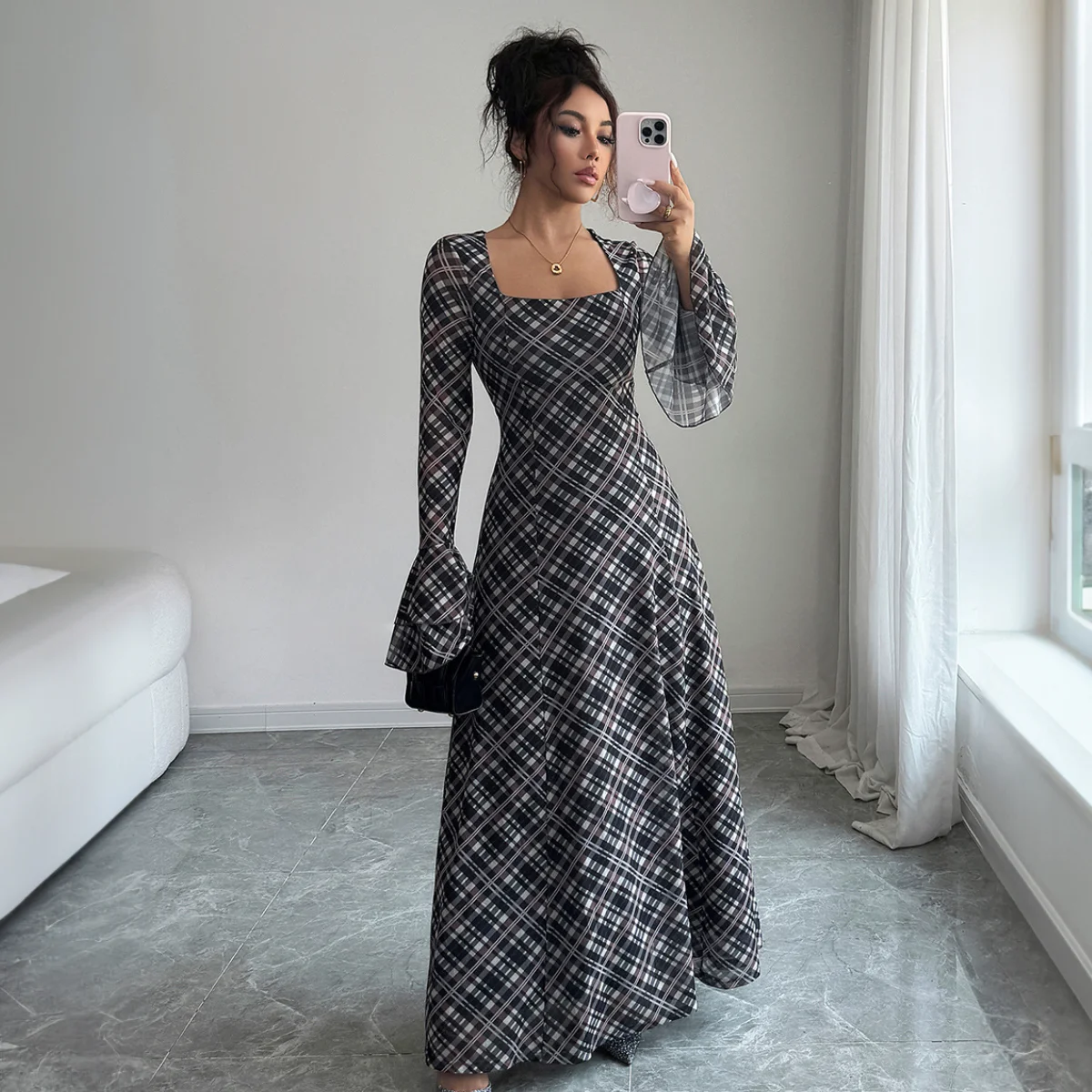 

Elegant Plaid dresses for woman 2025 Autumn Winter Gray Bell Long Sleeves Flared Collar Printed Bodycon Dress woman clothes